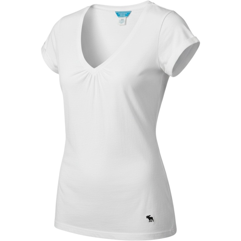 Abercrombie & Fitch Women White V-Neck Ruched Short Sleeve Moose Logo Tee Shirt